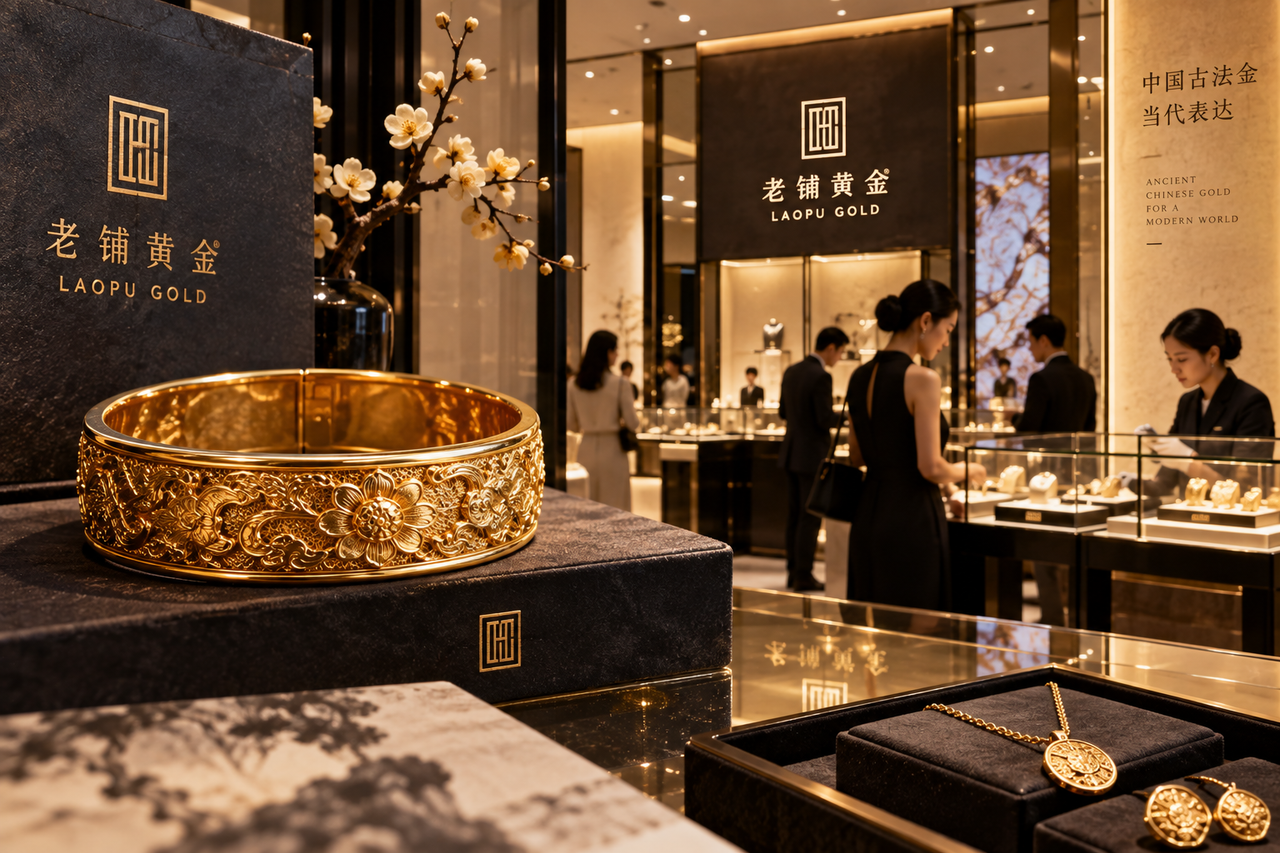 Composition éditoriale STORIMITIK inspirée de l’univers de Laopu Gold, montrant une joaillerie chinoise haut de gamme centrée sur l’or travaillé.