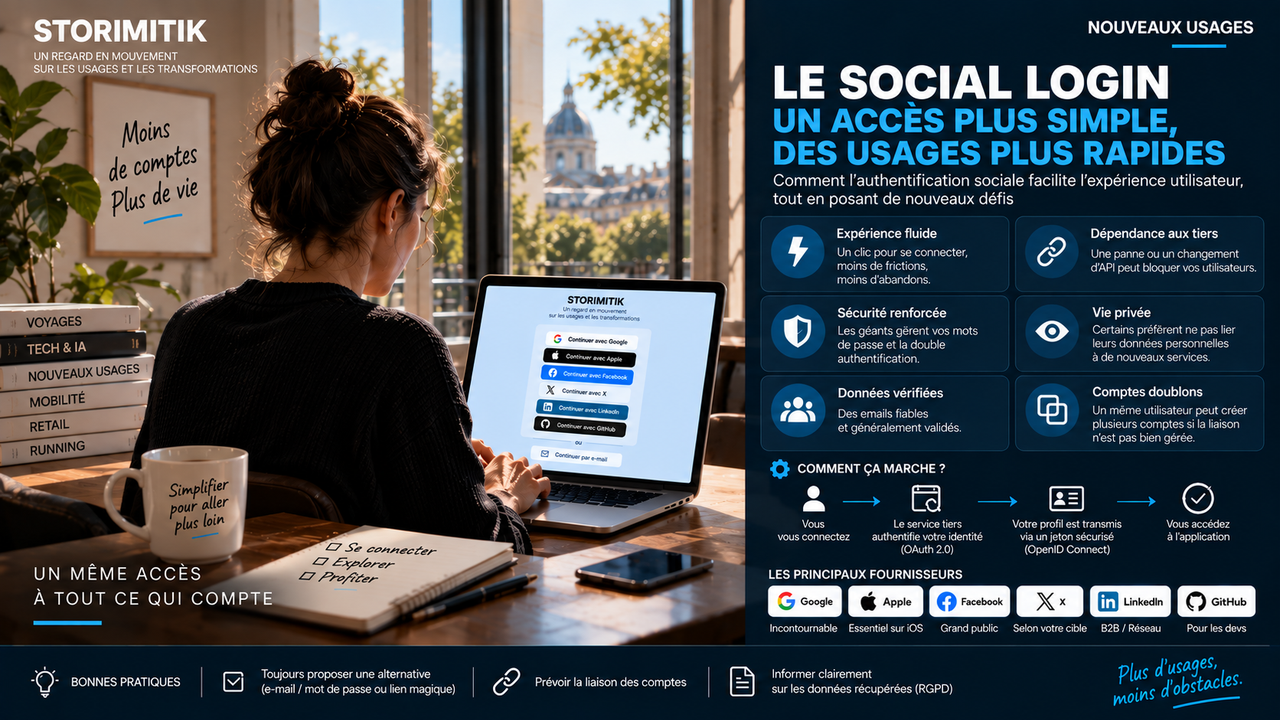 Infographie STORIMITIK expliquant les bénéfices, limites et mécanismes d’un social login utilisant OAuth 2.0 et OpenID Connect.