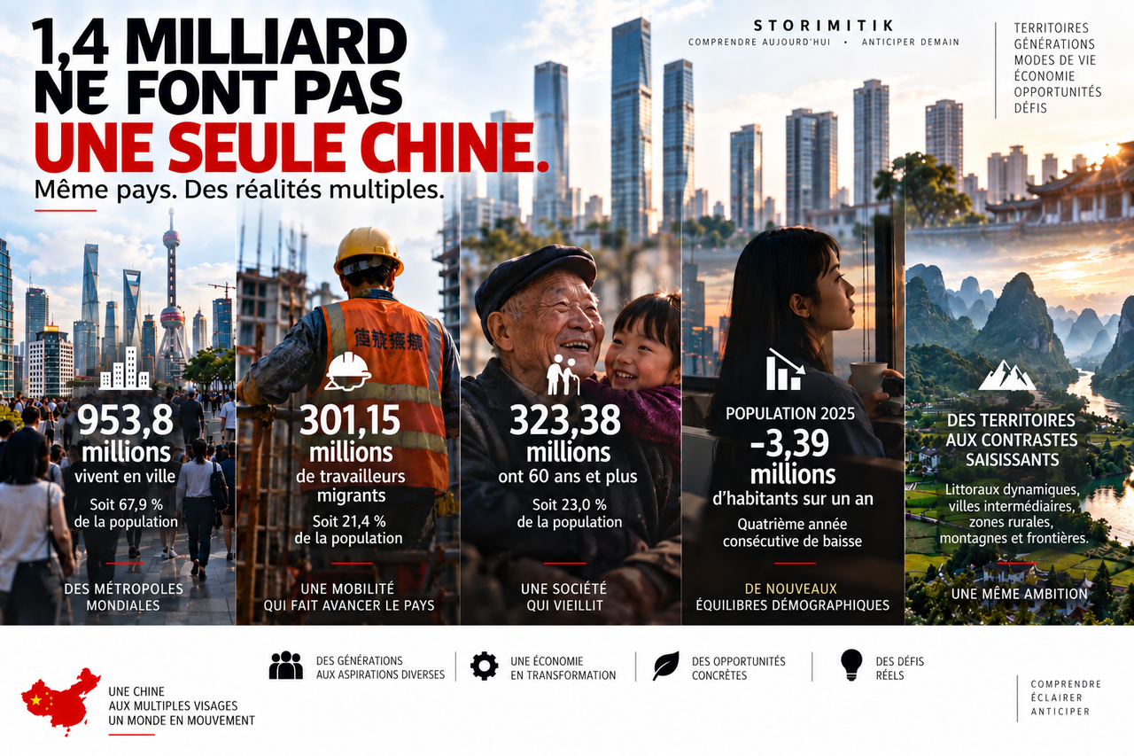 Illustration STORIMITIK montrant plusieurs réalités chinoises : métropoles, mobilité du travail, vieillissement, recul démographique et contrastes territoriaux.