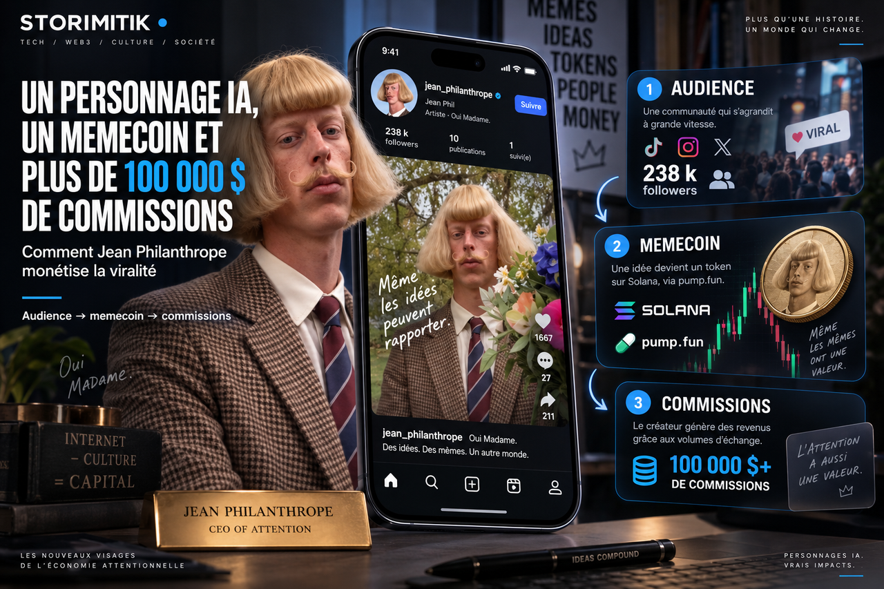 Illustration éditoriale STORIMITIK représentant Jean Philanthrope comme personnage virtuel relié à une audience sociale, un memecoin et des commissions.