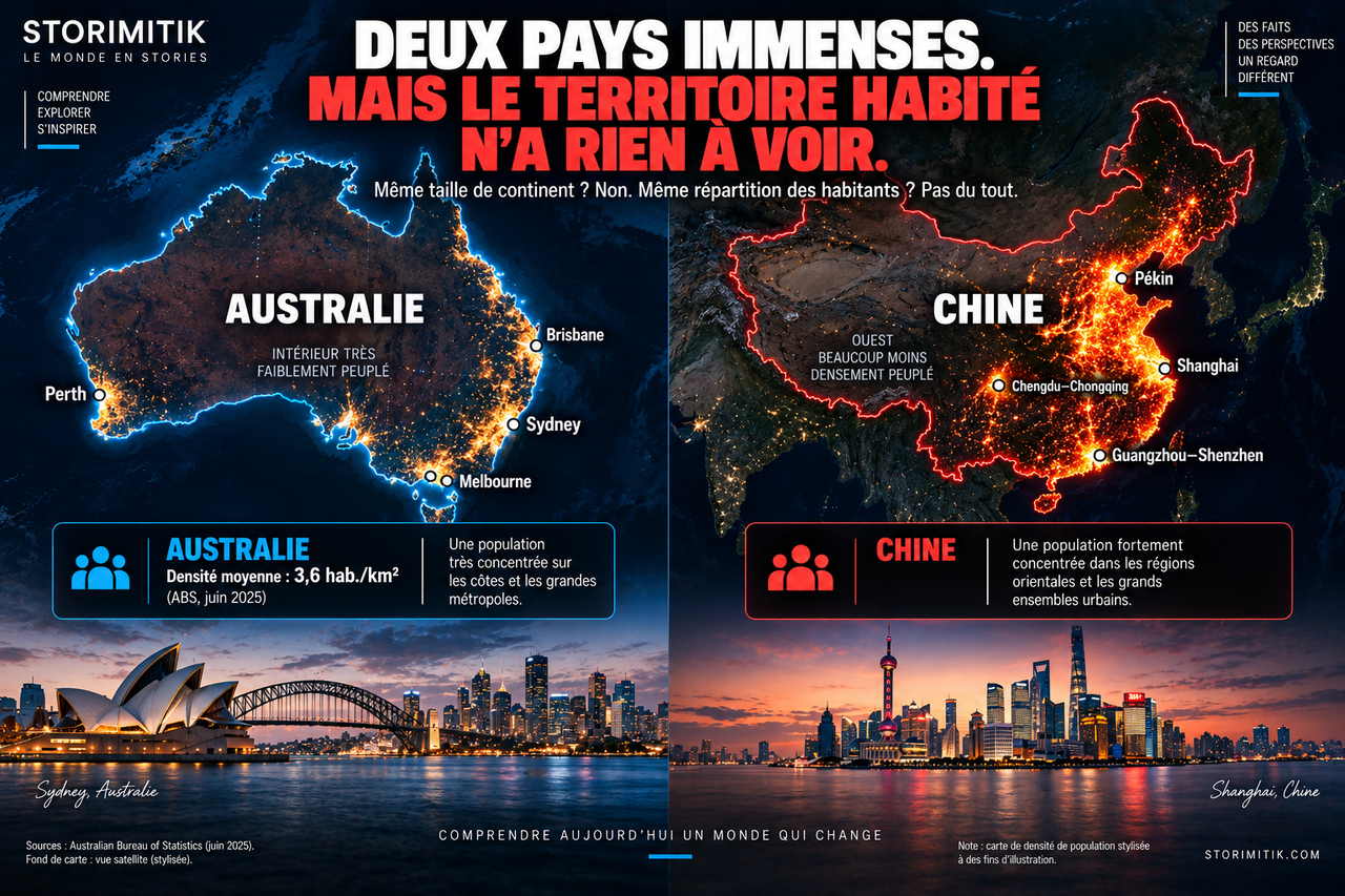Infographie STORIMITIK comparant la répartition spatiale de la population en Australie et en Chine.