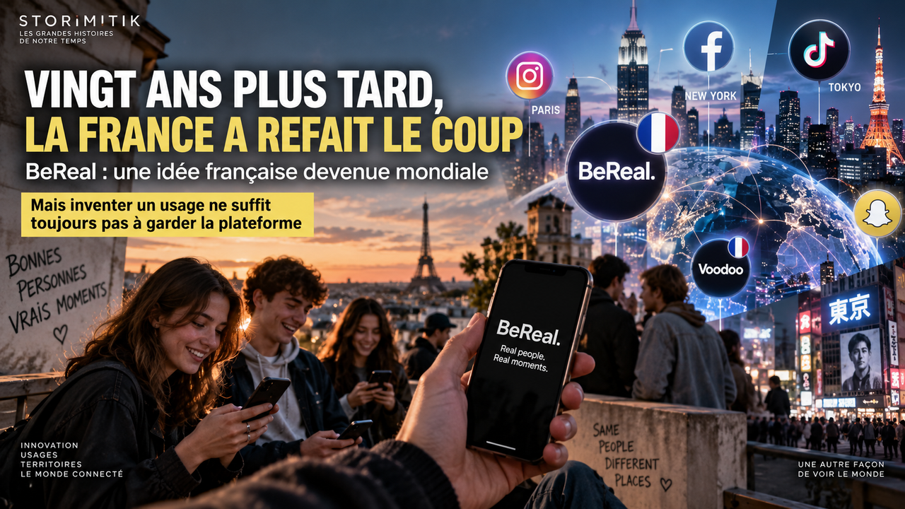 Illustration éditoriale STORIMITIK montrant BeReal comme idée française devenue mondiale, face aux grandes plateformes sociales représentées en bulles.