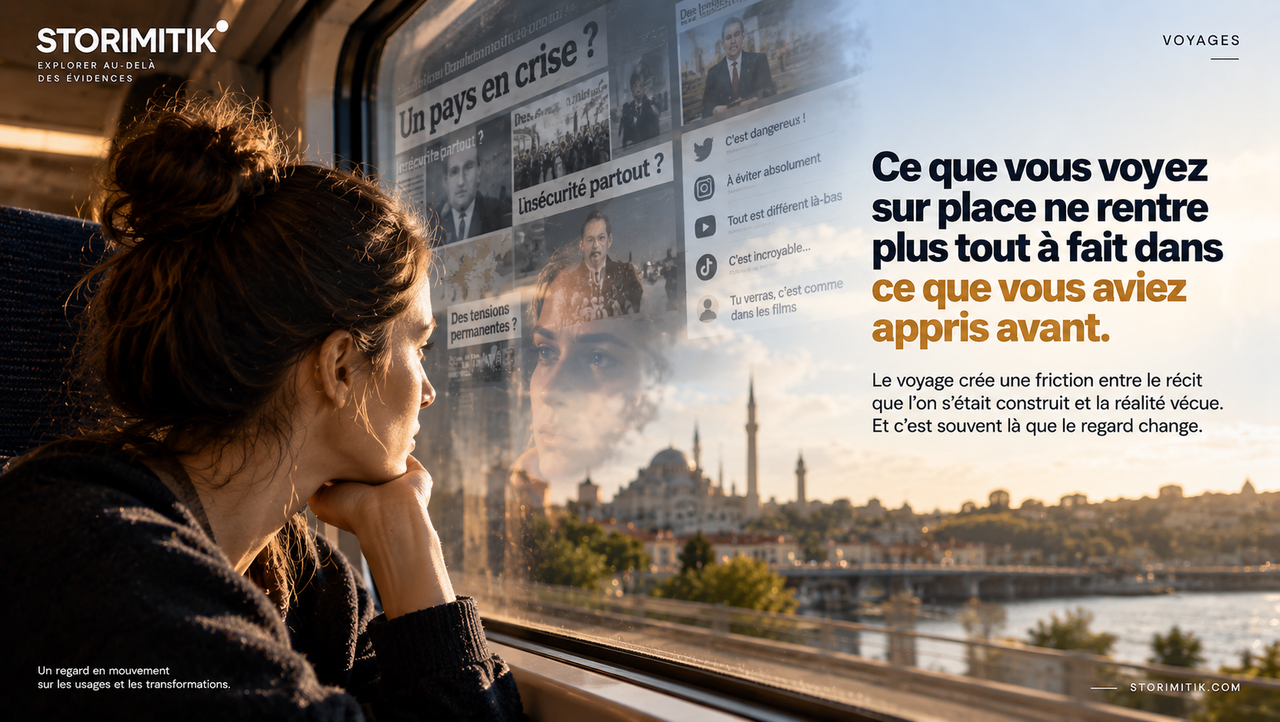 Voyageuse dans un train, son reflet mêlé à des fragments de titres et d’images représentant ses attentes avant le voyage.
