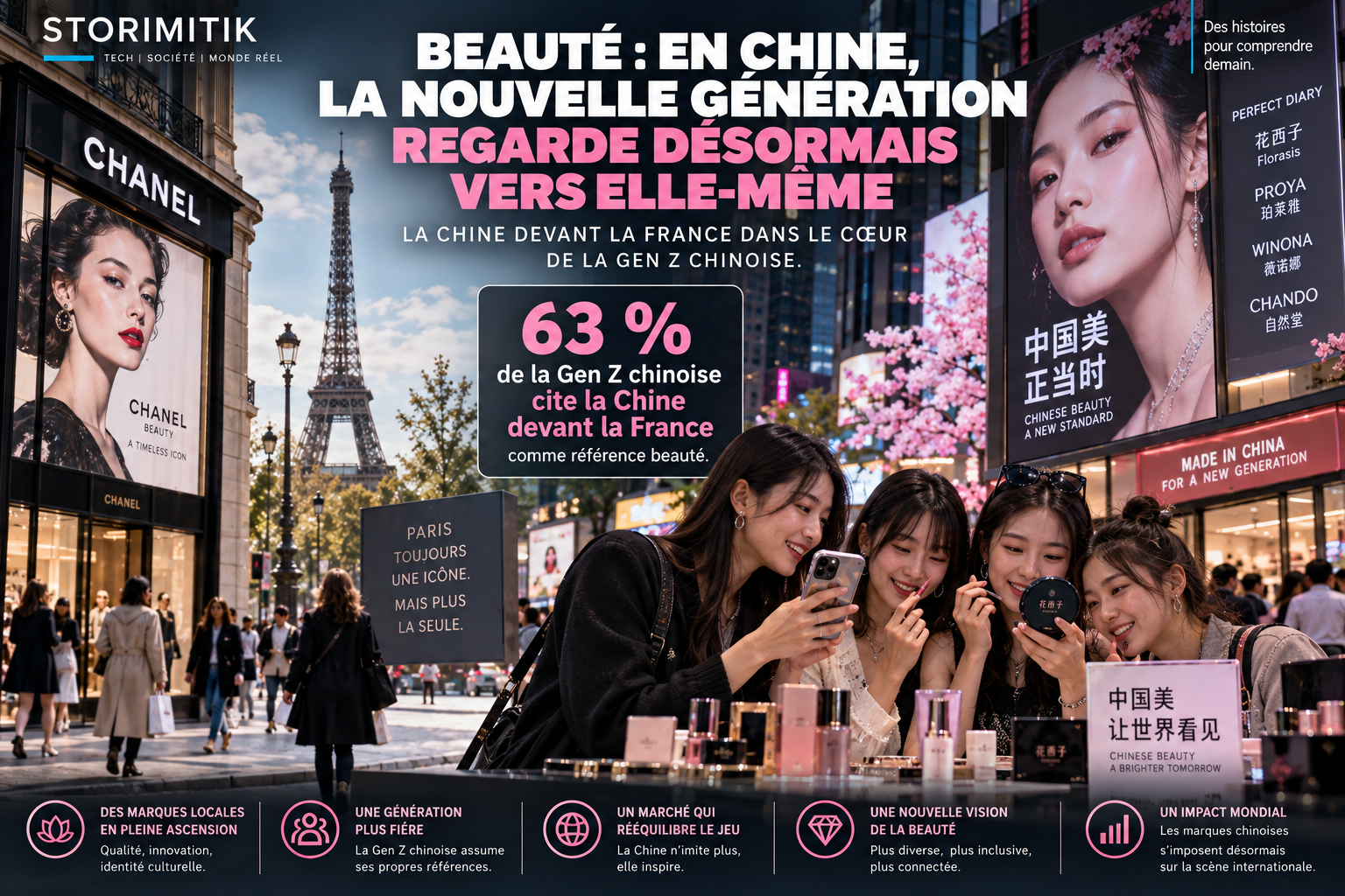 Illustration STORIMITIK sur l’essor de la beauté chinoise auprès de la Gen Z, entre marques locales et références internationales.