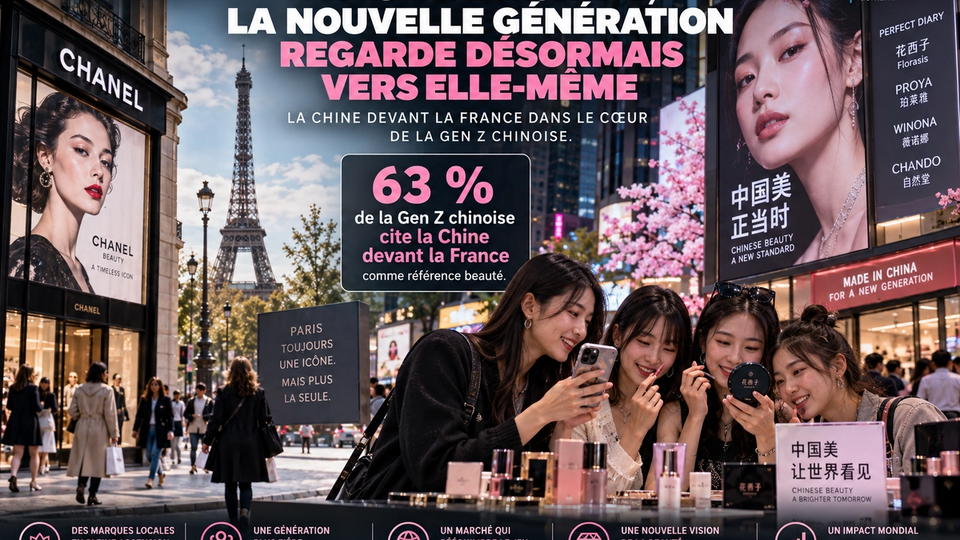 Illustration STORIMITIK sur l’essor de la beauté chinoise auprès de la Gen Z, entre marques locales et références internationales.