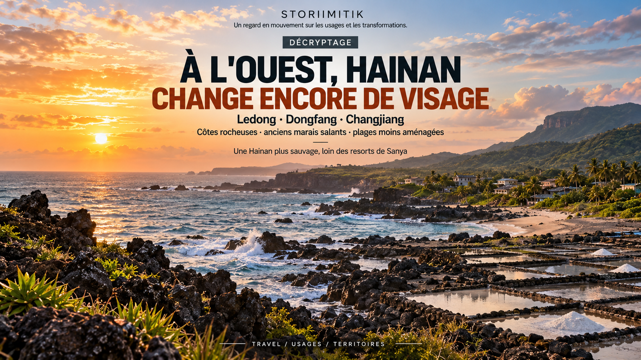 Reconstitution éditoriale de la côte ouest de Hainan avec côte rocheuse, ancien champ de sel et paysage côtier moins urbanisé.