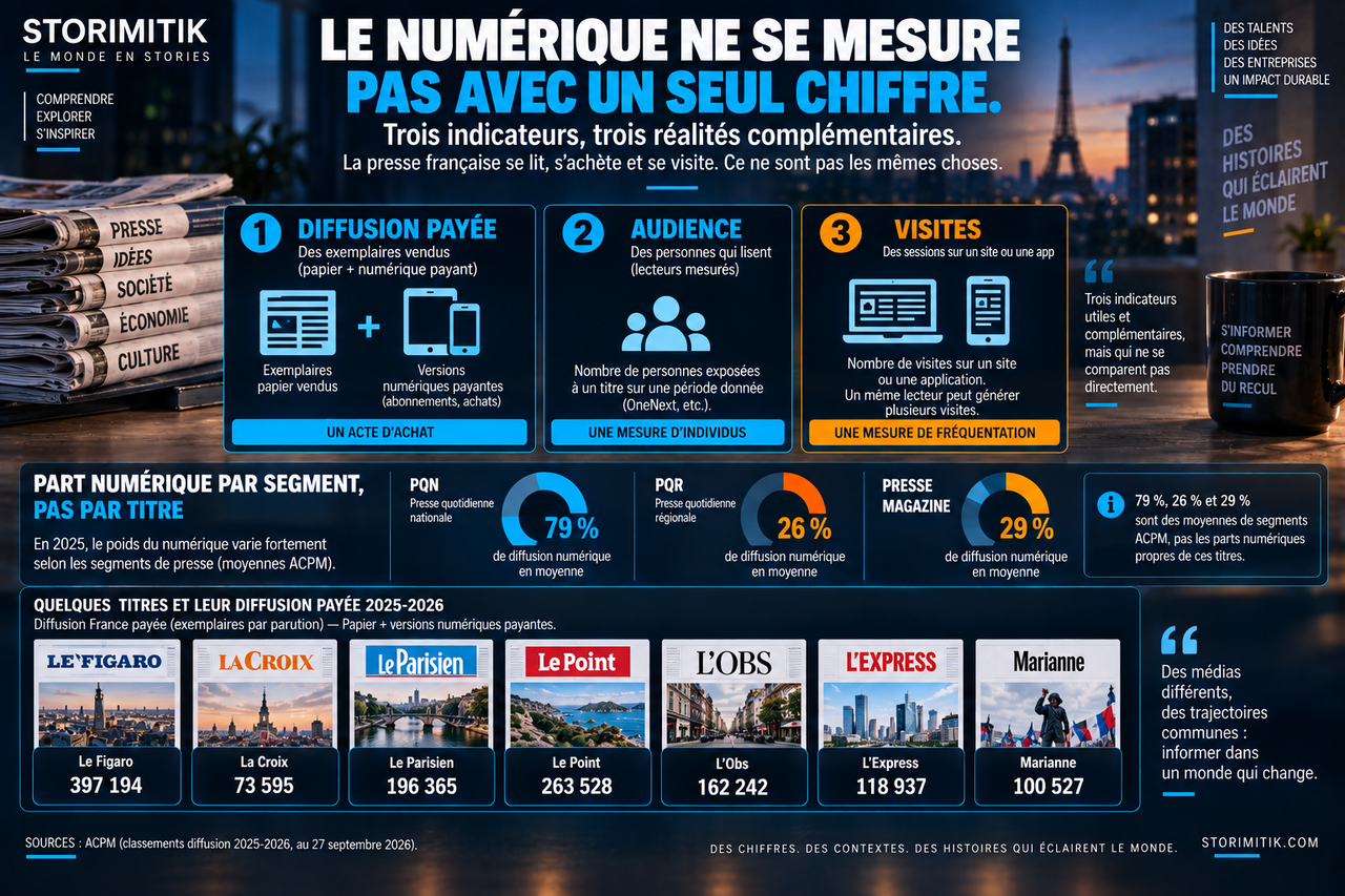 Infographie STORIMITIK distinguant diffusion payée, audience et visites, et séparant les moyennes numériques des segments ACPM des chiffres propres aux titres.