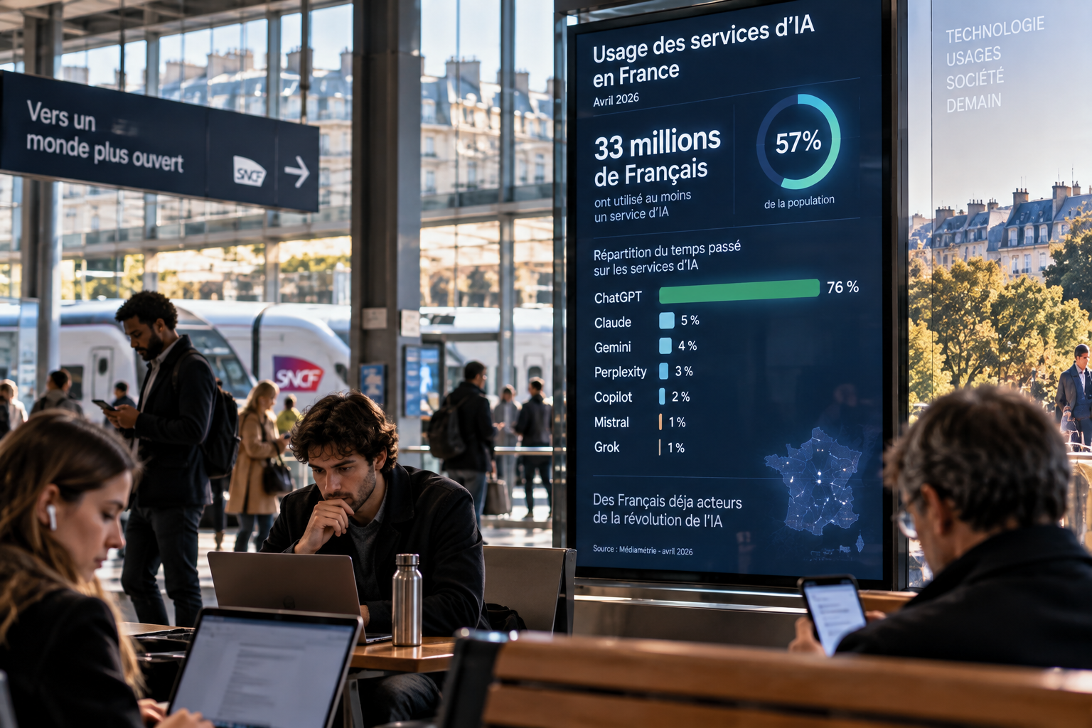 Illustration éditoriale montrant les principaux chiffres d’usage des services d’IA en France en avril 2026.