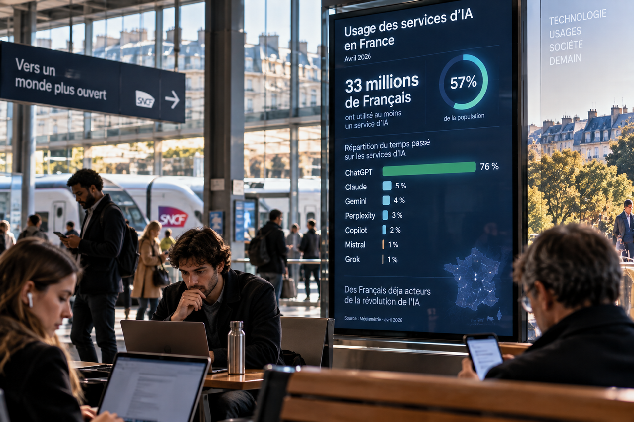 Illustration éditoriale montrant les principaux chiffres d’usage des services d’IA en France en avril 2026.