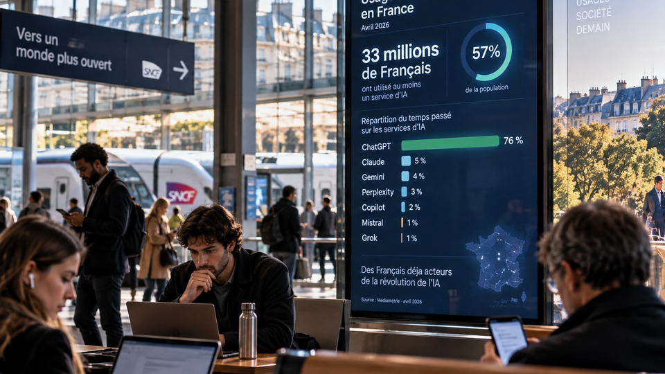 Illustration éditoriale montrant les principaux chiffres d’usage des services d’IA en France en avril 2026.