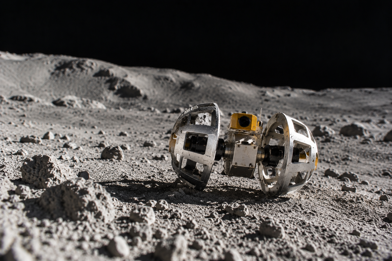 Illustration éditoriale réaliste d’un rover lunaire compact inspiré de SORA-Q sur le régolithe.
