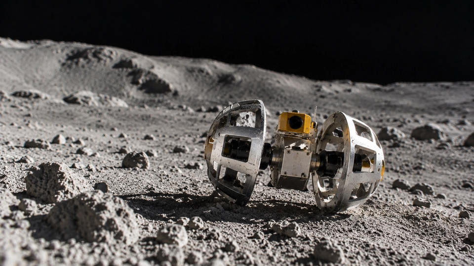 Illustration éditoriale réaliste d’un rover lunaire compact inspiré de SORA-Q sur le régolithe.