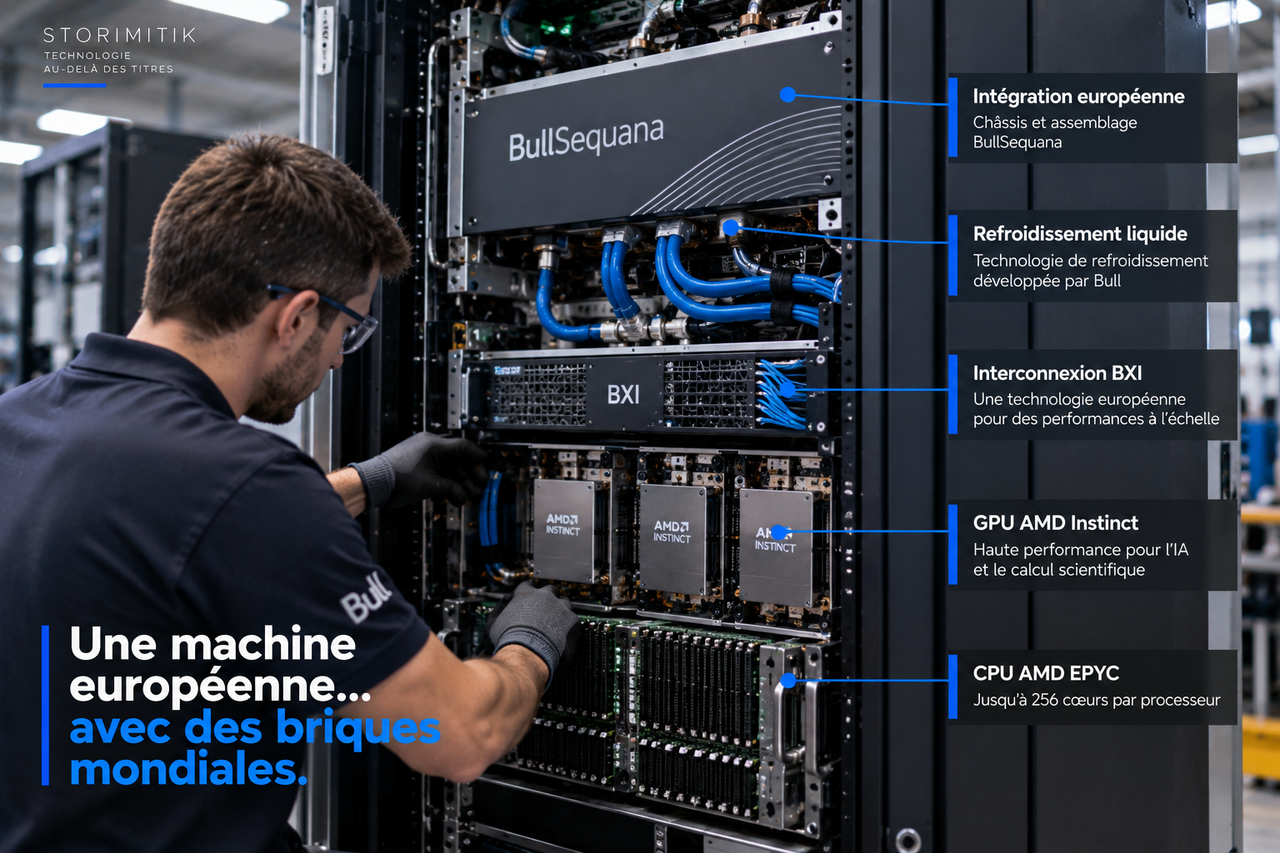 Visuel STORIMITIK d’un rack BullSequana ouvert montrant l’intégration européenne, le refroidissement et l’interconnexion Bull ainsi que des composants AMD.