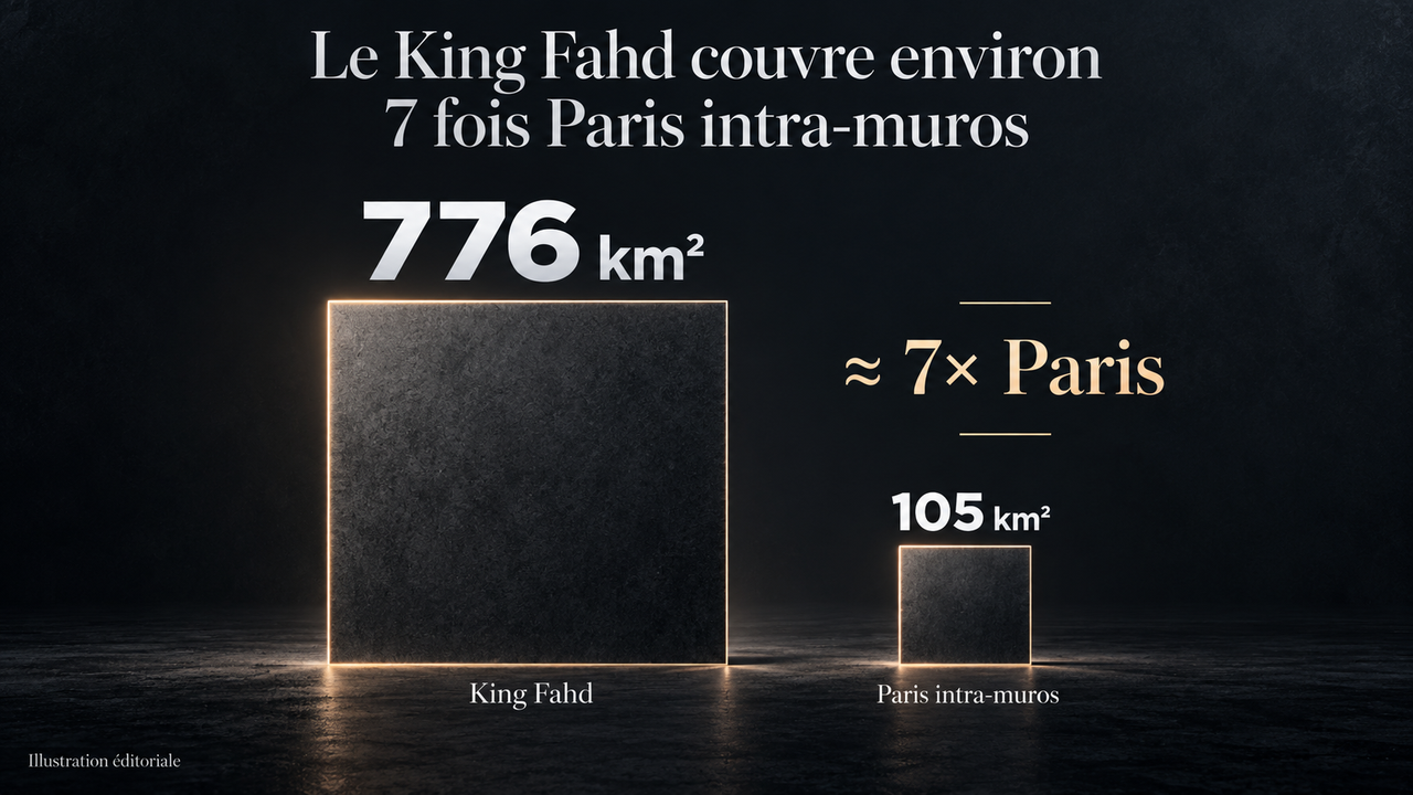 Illustration éditoriale STORIMITIK comparant les 776 km² de King Fahd aux 105 km² de Paris intra-muros, soit environ sept fois Paris.