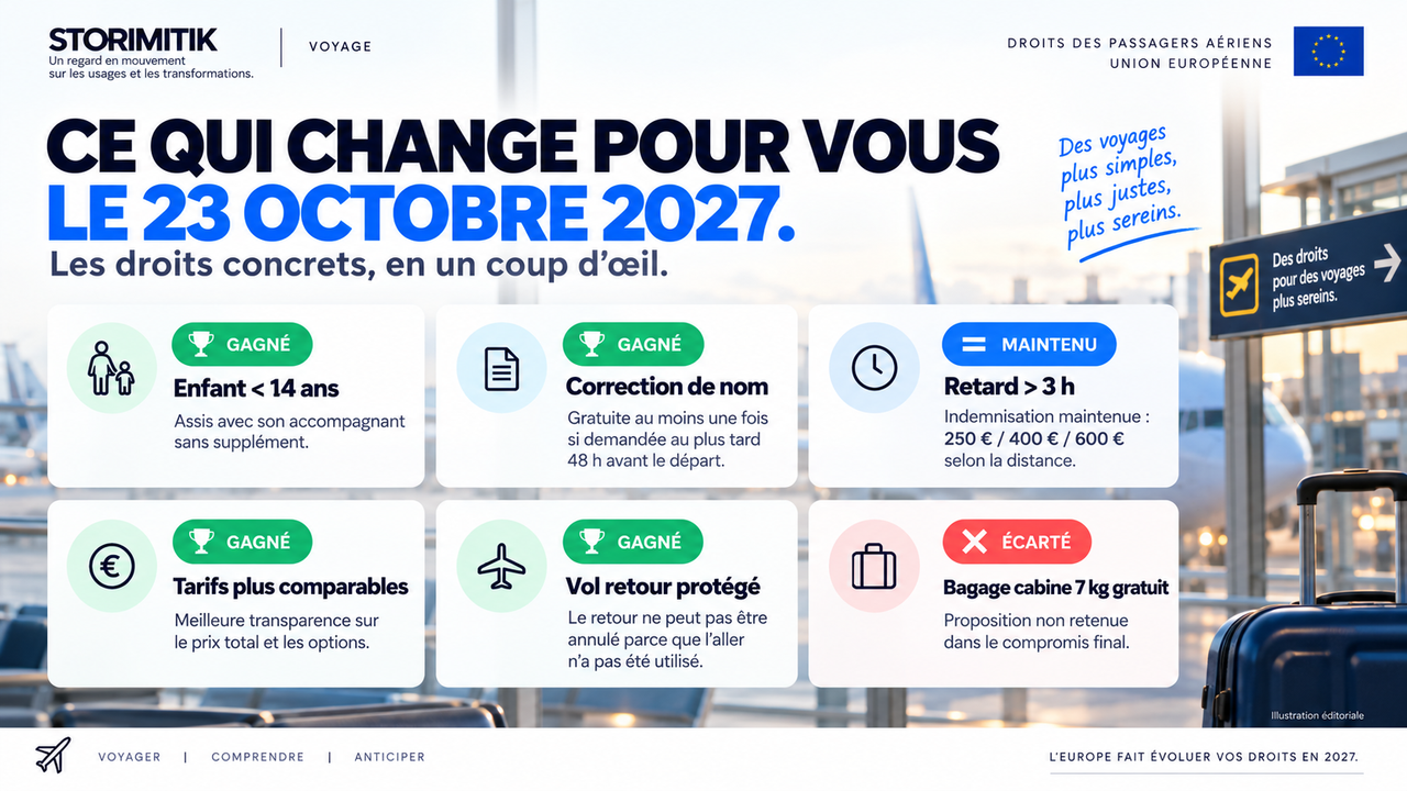 Illustration éditoriale STORIMITIK résumant les droits gagnés, maintenus et écartés par la réforme européenne des passagers aériens.
