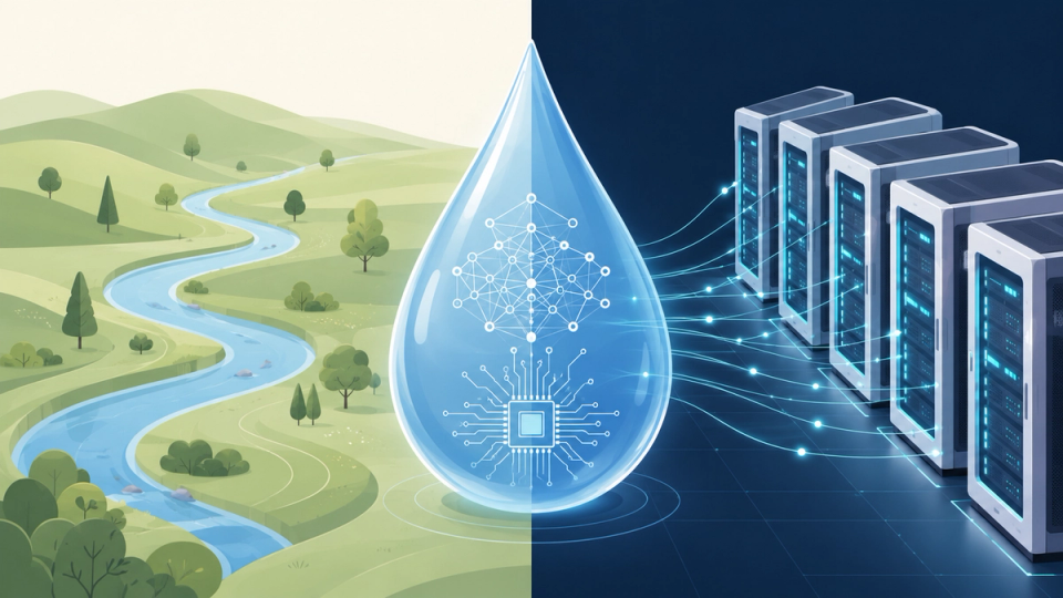 Illustration d’une goutte d’eau reliant un environnement naturel à des serveurs informatiques.