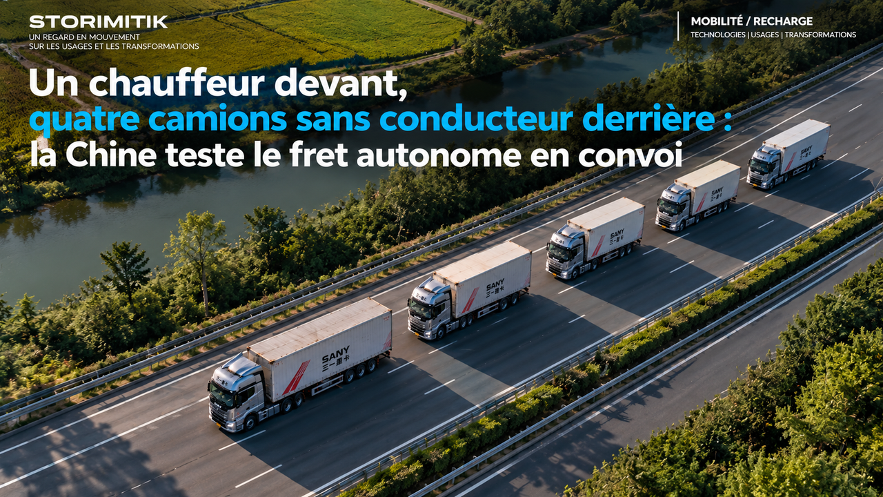 Illustration aérienne STORIMITIK d’un convoi de cinq poids lourds représentant le principe 1+4 testé en Chine.