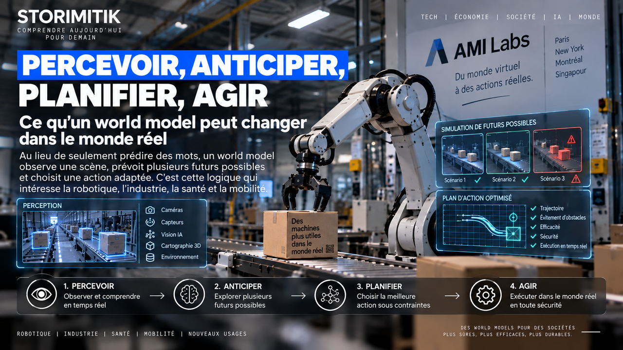 Illustration conceptuelle d’un robot industriel utilisant un world model pour percevoir son environnement, anticiper plusieurs futurs, planifier puis agir.
