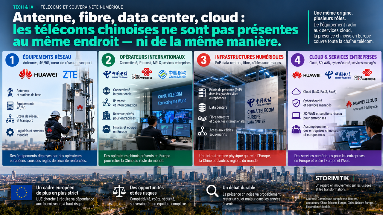 Chaîne de valeur télécom distinguant équipementiers, opérateurs internationaux, infrastructures numériques et services cloud.