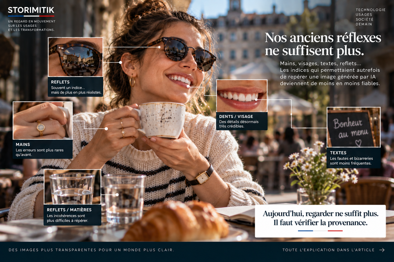Illustration éditoriale STORIMITIK montrant les indices visuels traditionnellement utilisés pour repérer une image générée par IA : mains, visage, texte et reflets.