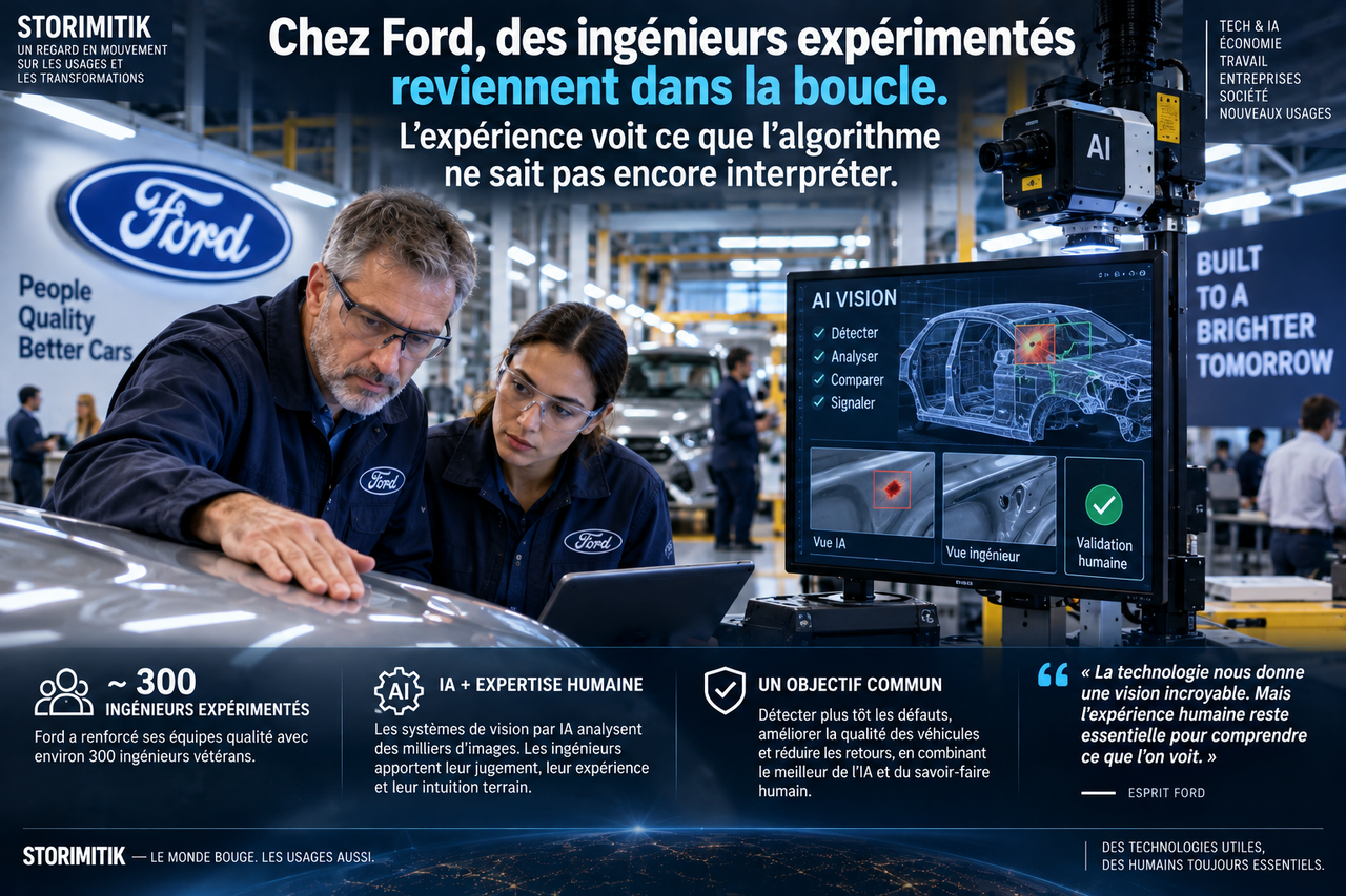 Illustration STORIMITIK montrant des ingénieurs Ford expérimentés travaillant aux côtés d’un système de vision par intelligence artificielle pour le contrôle qualité automobile.