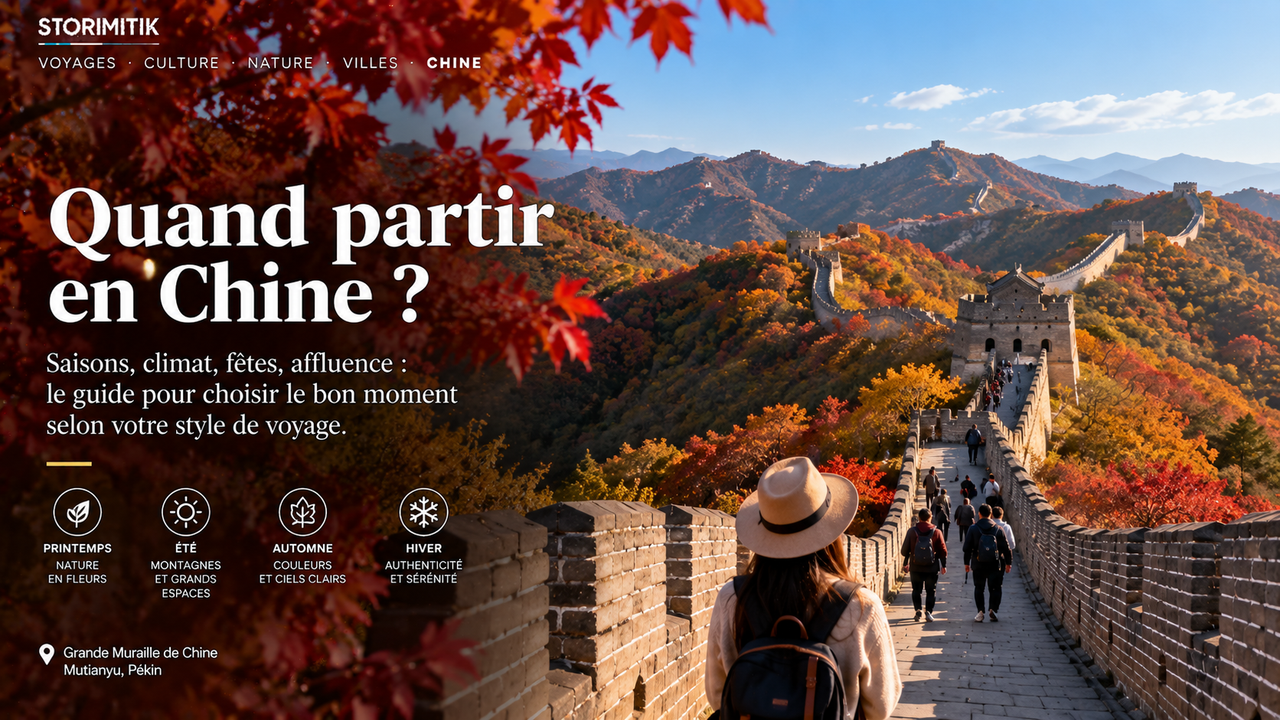 Illustration STORIMITIK ultra-réaliste de la Grande Muraille en automne, utilisée pour illustrer la question de la meilleure saison pour voyager en Chine.