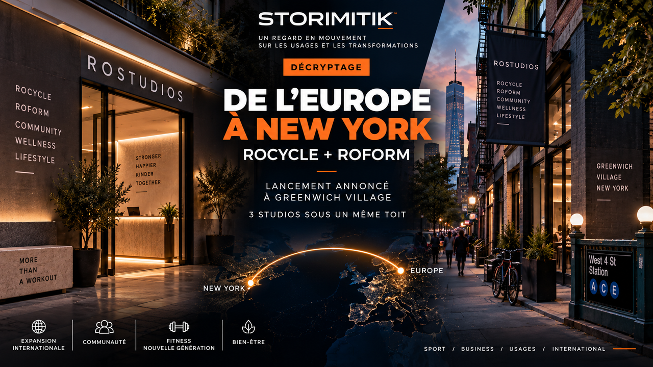 Visuel éditorial représentant l’expansion de Rostudios depuis l’Europe vers Greenwich Village à New York.