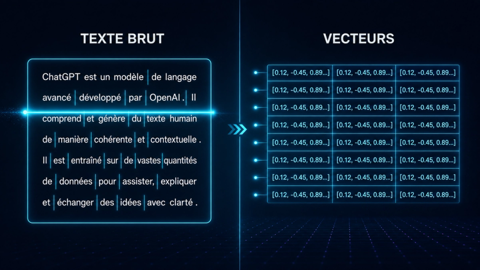 Schéma pédagogique montrant le passage d’un texte brut à des représentations numériques.