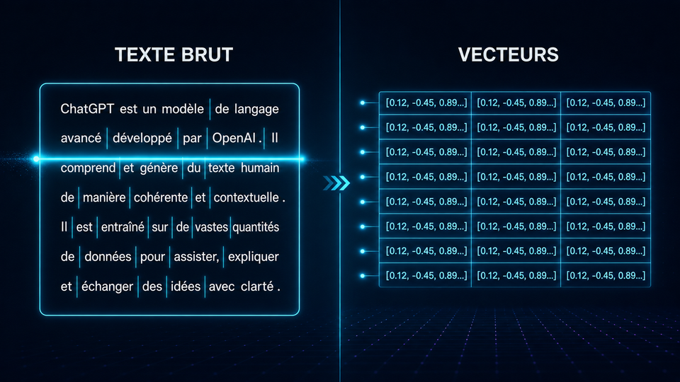 Schéma pédagogique montrant le passage d’un texte brut à des représentations numériques.