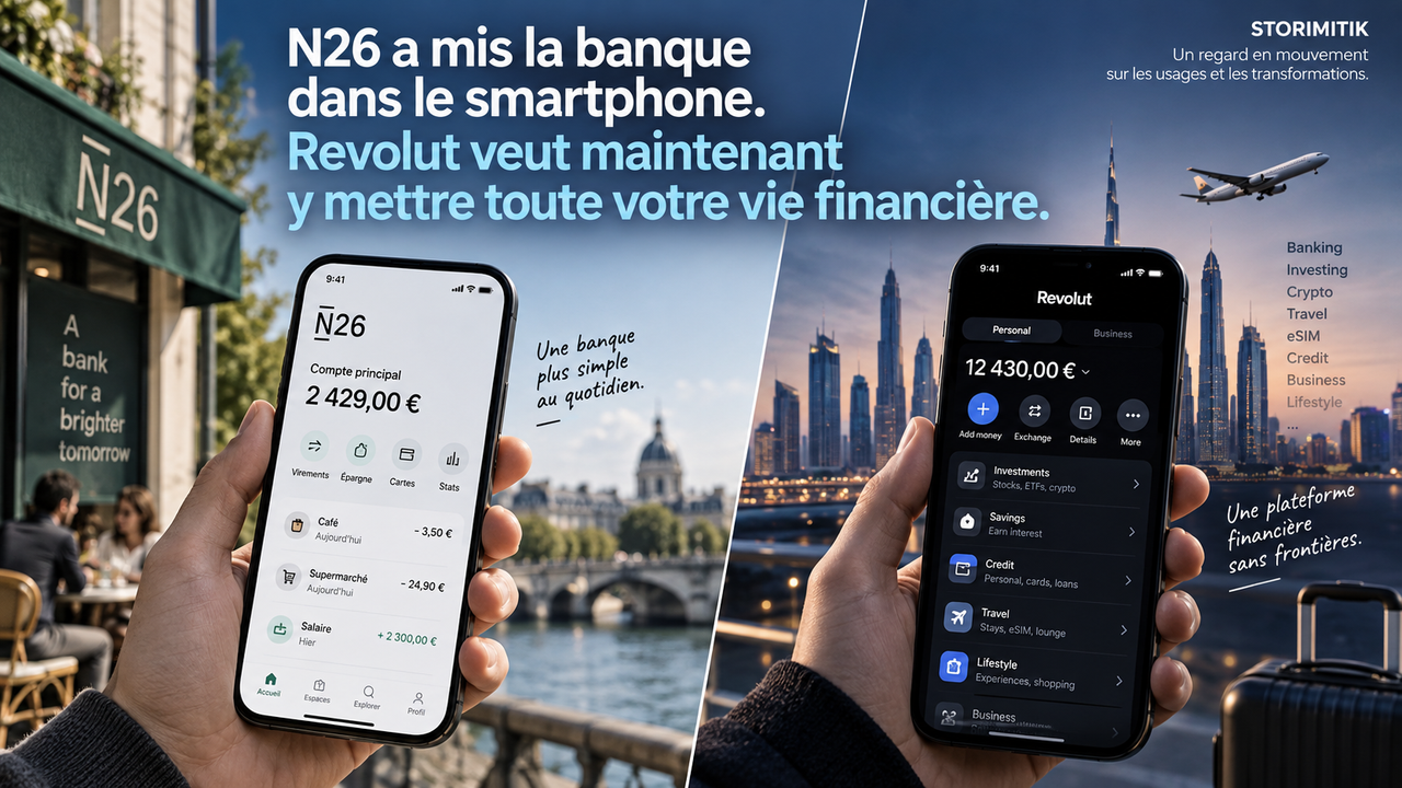 Illustration STORIMITIK comparant N26 et Revolut sur smartphone, entre banque mobile européenne et plateforme financière mondiale.