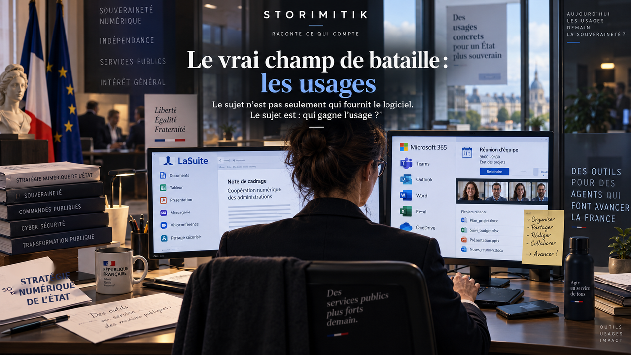 Reconstitution éditoriale d’un poste de travail administratif français confrontant outils publics de LaSuite et outils collaboratifs privés.