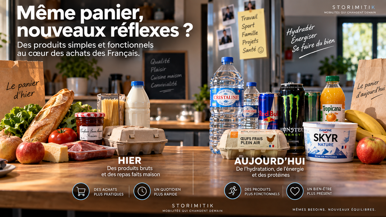 Illustration conceptuelle opposant deux univers de courses alimentaires, l’un centré sur des produits traditionnels et l’autre sur l’hydratation, l’énergie et les protéines.