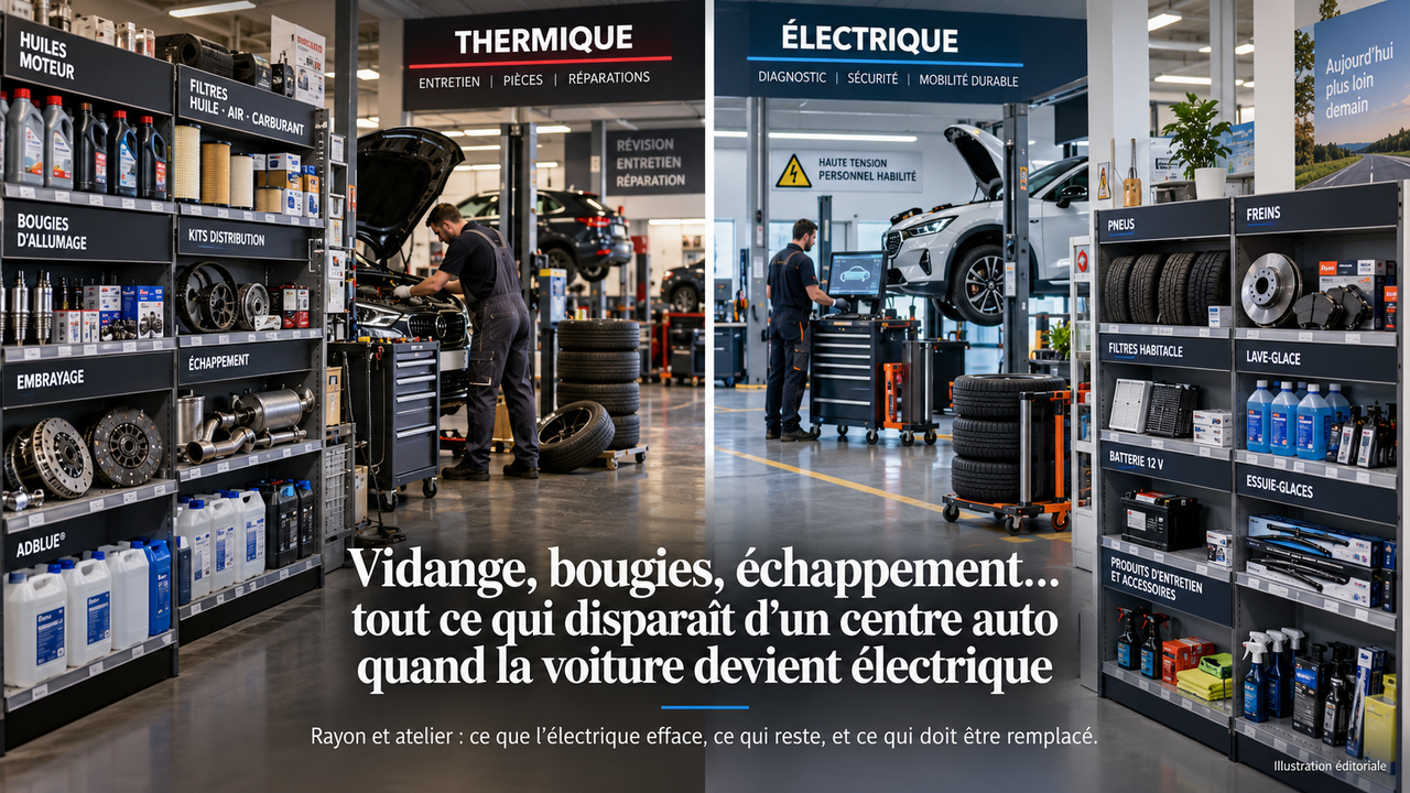 Centre auto partagé entre univers thermique et électrique, montrant les familles de produits et opérations qui disparaissent ou restent.