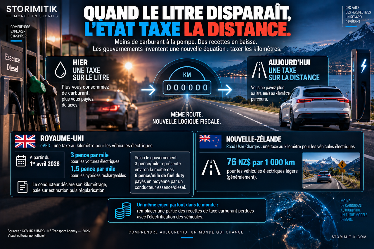 Infographie STORIMITIK montrant le passage d’une taxe sur le carburant à une taxe fondée sur la distance parcourue.