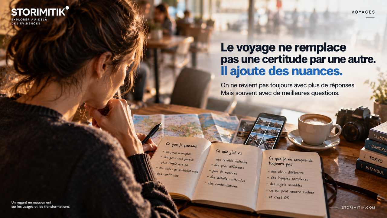 Voyageuse relisant ses notes après un voyage, avec trois colonnes : ce qu’elle pensait, ce qu’elle a vu et ce qu’elle ne comprend toujours pas.