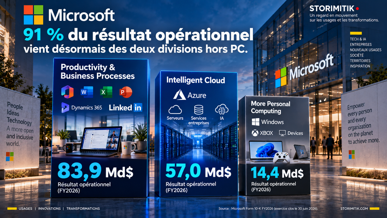 Infographie STORIMITIK comparant le résultat opérationnel FY2026 des trois divisions de Microsoft.