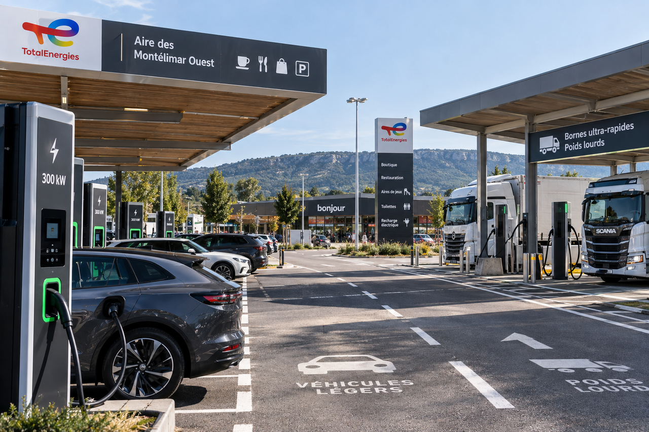 Illustration réaliste générée d’une aire autoroutière équipée de recharge rapide pour voitures et poids lourds.