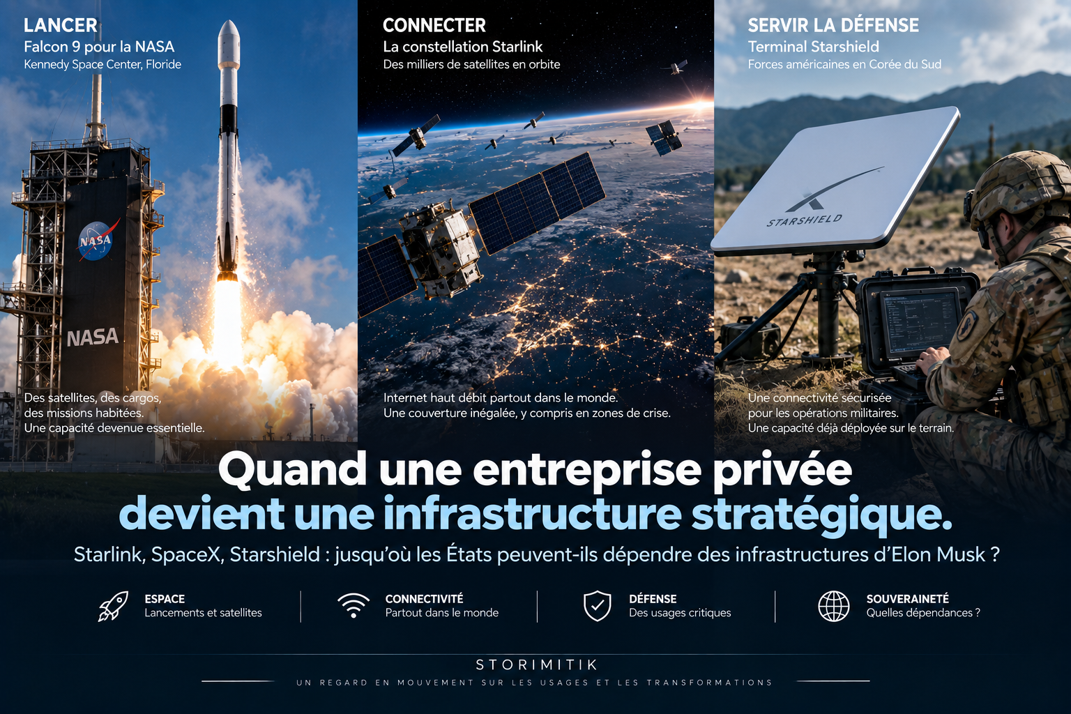 Illustration éditoriale STORIMITIK reliant lancement spatial, constellation satellitaire et services gouvernementaux pour analyser la dépendance aux infrastructures SpaceX.