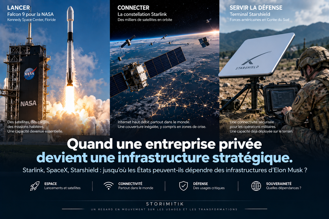 Illustration éditoriale STORIMITIK reliant lancement spatial, constellation satellitaire et services gouvernementaux pour analyser la dépendance aux infrastructures SpaceX.