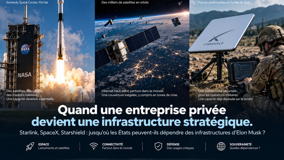 Illustration éditoriale STORIMITIK reliant lancement spatial, constellation satellitaire et services gouvernementaux pour analyser la dépendance aux infrastructures SpaceX.