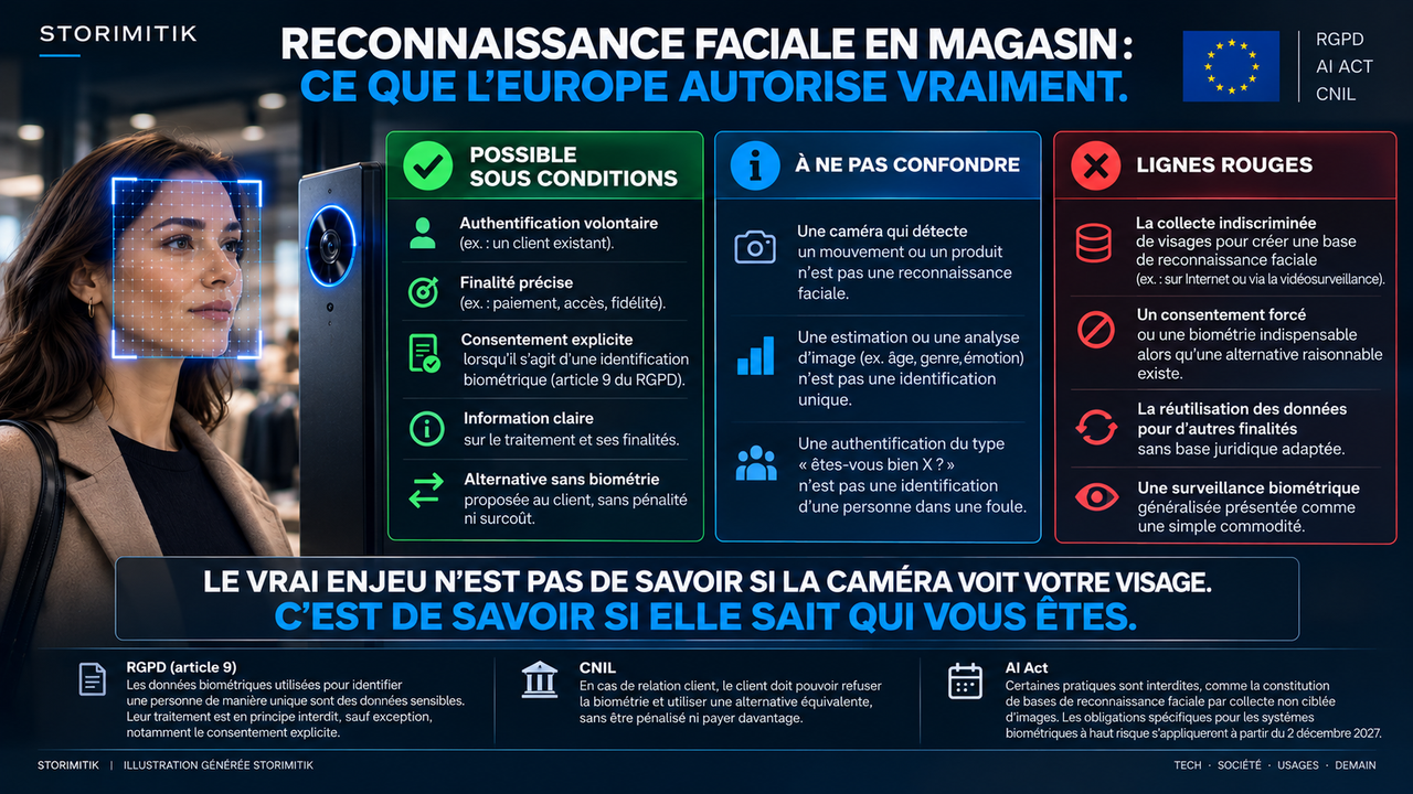 Infographie STORIMITIK sur le cadre européen de la reconnaissance faciale en magasin : usages possibles sous conditions, distinctions à connaître et lignes rouges.
