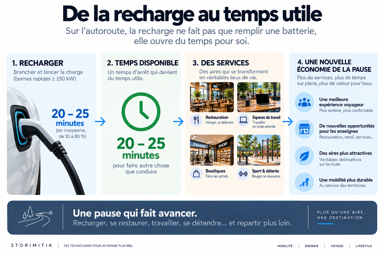Schéma montrant comment la recharge crée du temps disponible, de nouveaux services et une nouvelle économie de la pause.