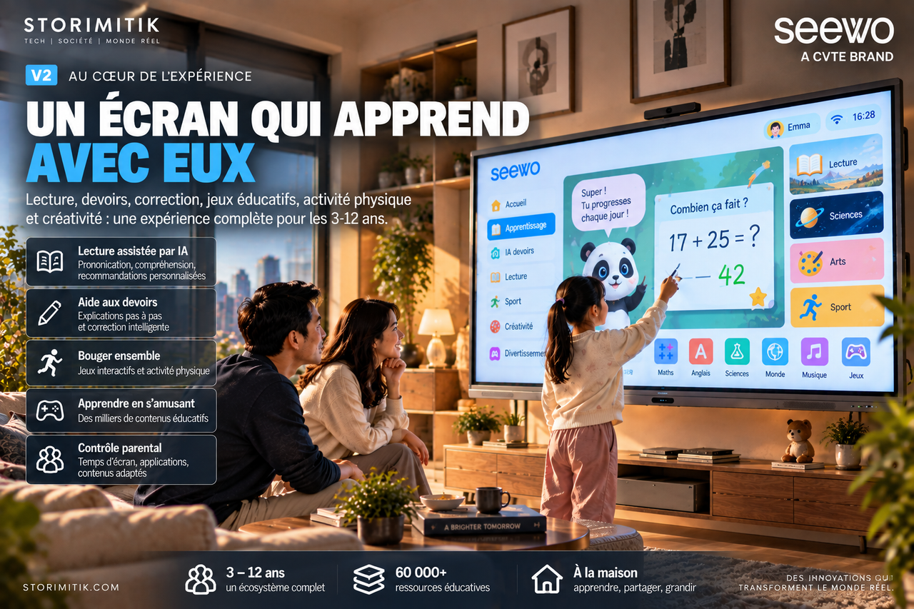 Illustration STORIMITIK des fonctions éducatives du Seewo Family Learning Display.
