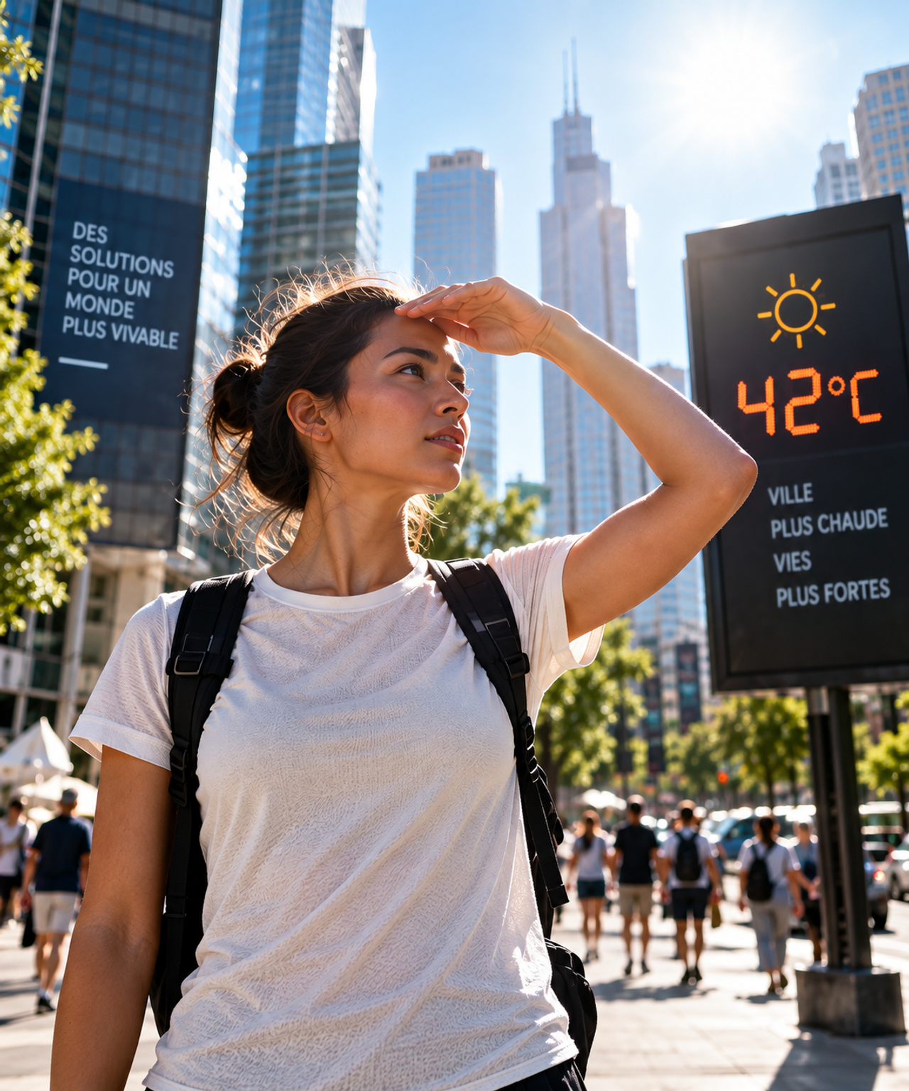 Illustration d’une femme exposée à une forte chaleur urbaine dans une ville affichant 42 °C.