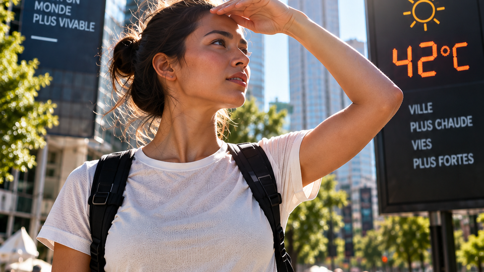 Illustration d’une femme exposée à une forte chaleur urbaine dans une ville affichant 42 °C.