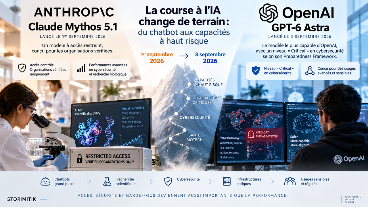 Infographie comparant Claude Mythos 5.1 d’Anthropic et GPT-6 Astra d’OpenAI, avec un axe montrant le déplacement de la course à l’IA vers la cybersécurité, la biologie et les infrastructures critiques.