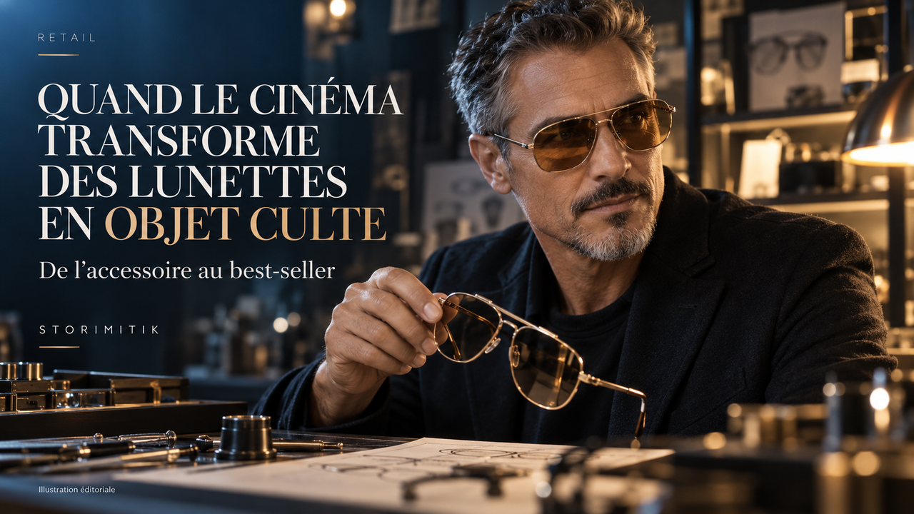 Illustration éditoriale STORIMITIK d’un inventeur fictif portant une monture aviateur premium, évoquant la manière dont le cinéma transforme un accessoire en objet culte.