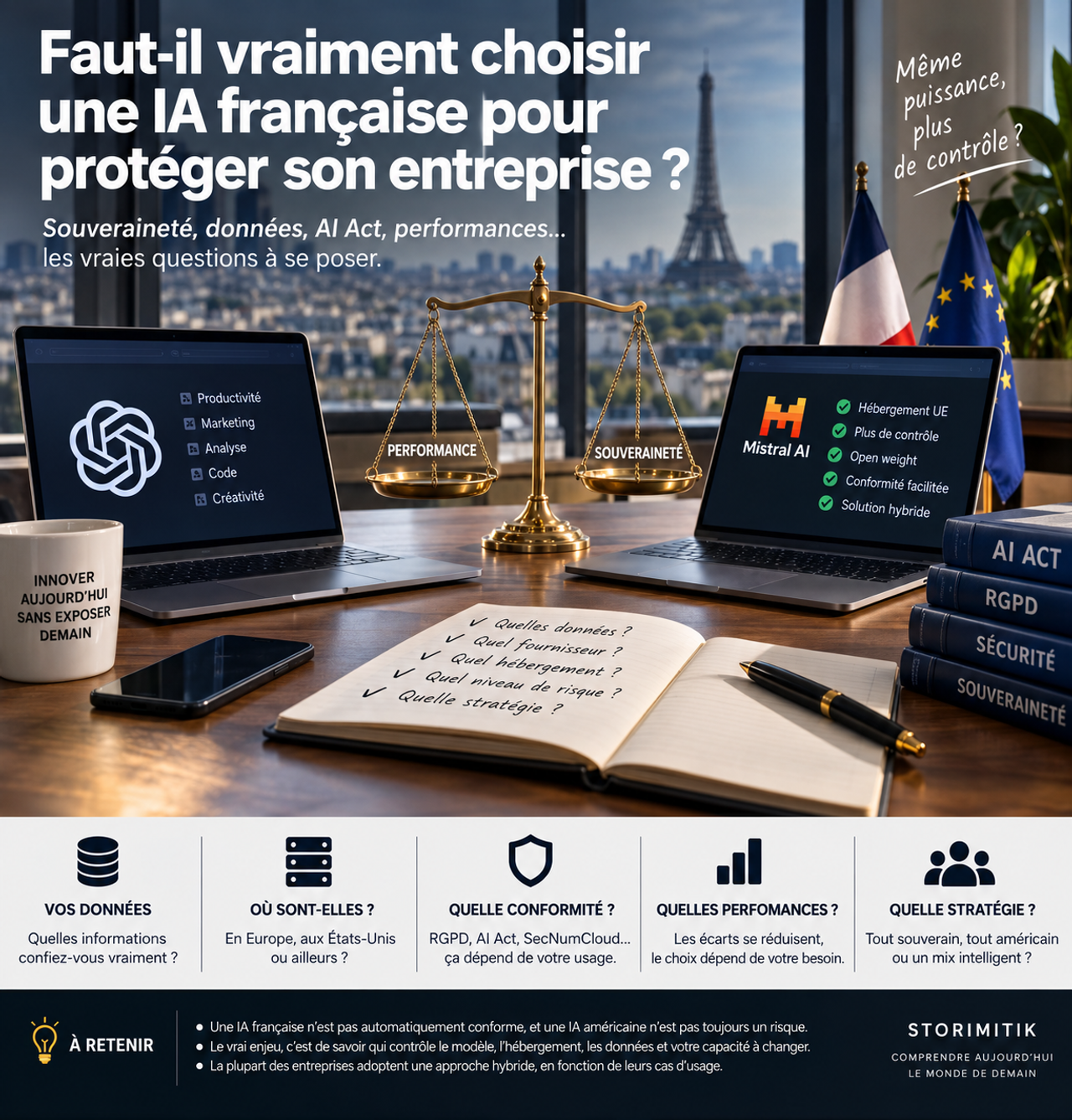 Illustration éditoriale comparant performance et souveraineté dans le choix d’une intelligence artificielle pour une entreprise.