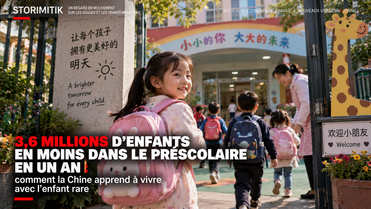 Illustration éditoriale STORIMITIK montrant une enfant entrant dans une école maternelle en Chine.