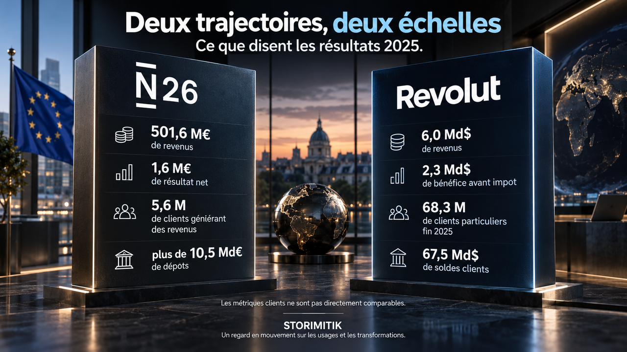Infographie STORIMITIK comparant les résultats 2025 de N26 et Revolut, avec revenus, rentabilité, clientèle et dépôts ou soldes clients.